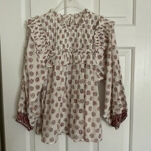 Cleobella‎ Vanna Blouse XS Belize blossom Ruffle Long Sleeve Cream Red Boho